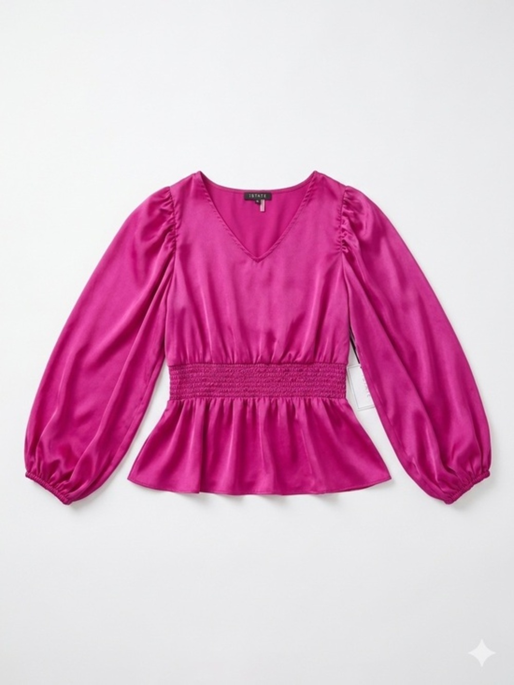 1. State Hot Pink Satin V-Neck Smocked Waist Peplum Blouse